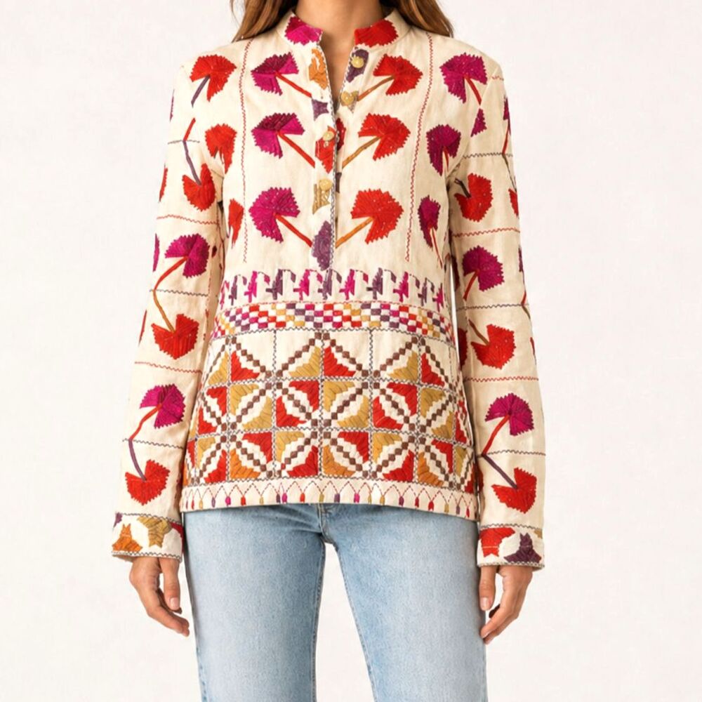 Tory Burch Linen Embroidered Blouse Size Small